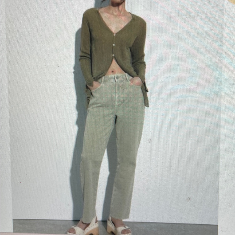 Zara high rise wide straight leg unfinished Light Green jeans